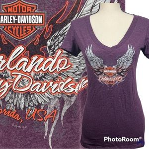 Harley Davidson Orlando Womens 2015 Bar and Shield Purple V Neck Tee T-shirt M